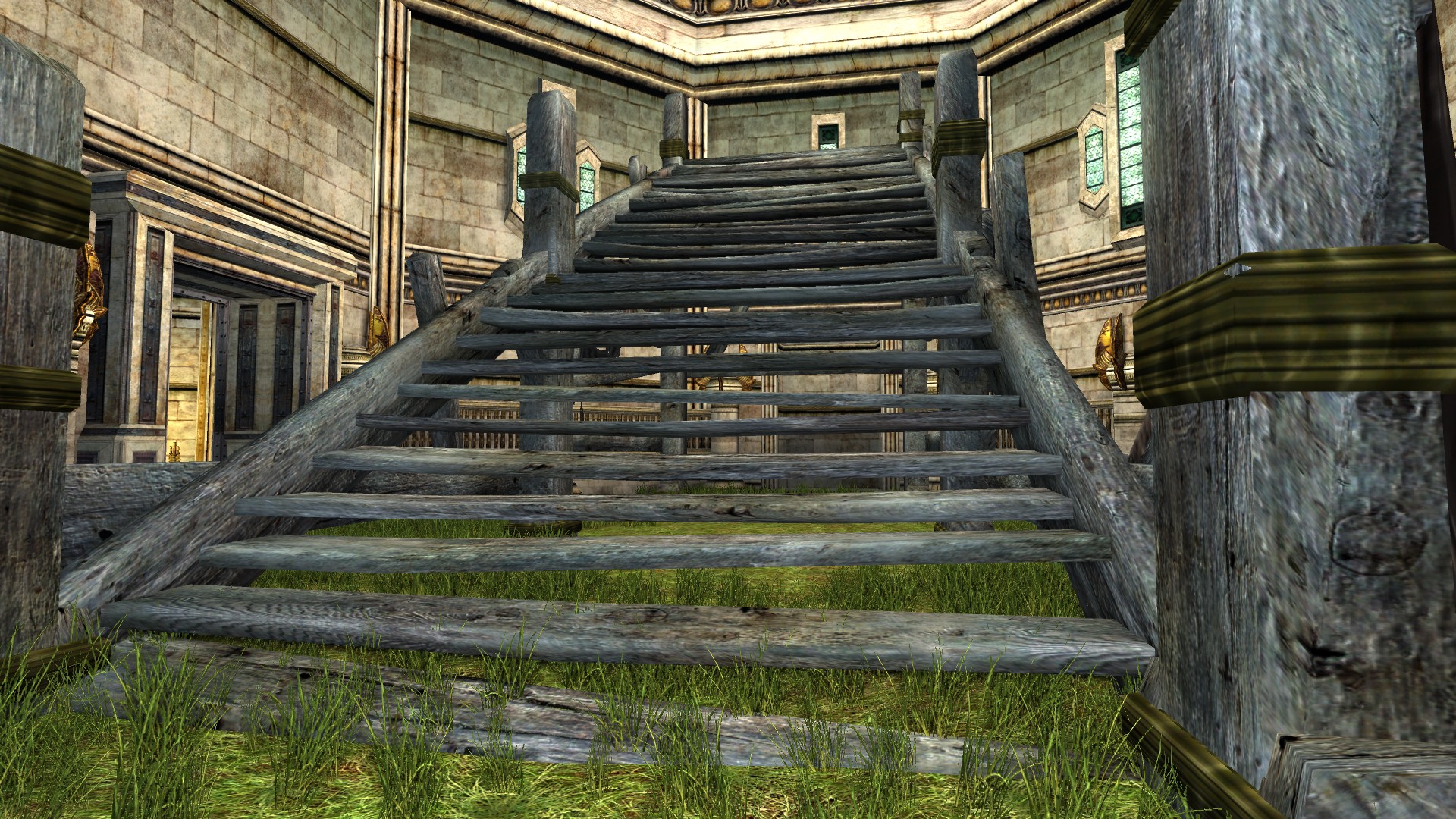 Vieil escalier long en bois